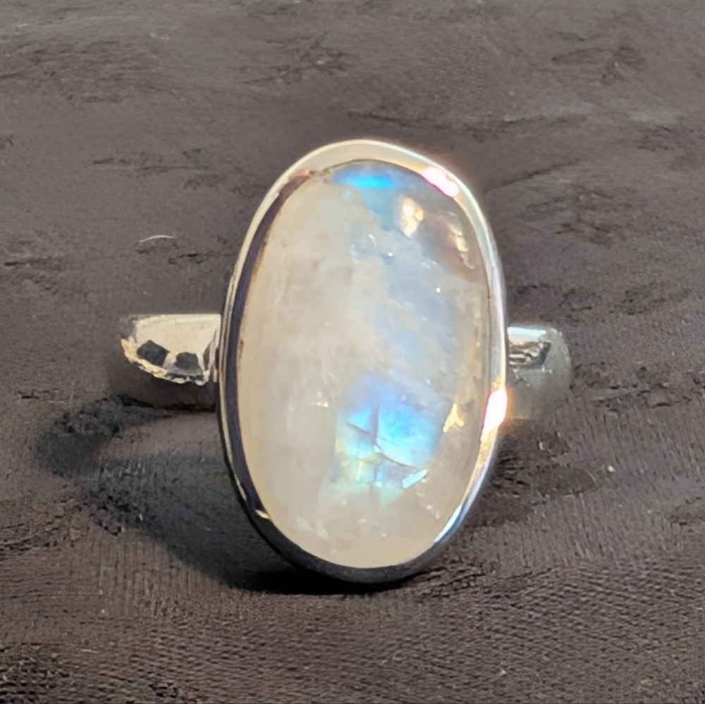 Amazing Solid Sterling Silver Ring Rainbow Moonstone Ring Size 6